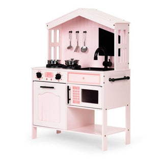 Roze houten speelkeuken met oven, branders, magnetron en accessoires